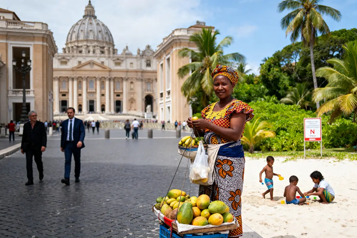 Femme vendant des fruits près de basilique, plage et enfants jouant au loin, ciel partiellement nuageux.