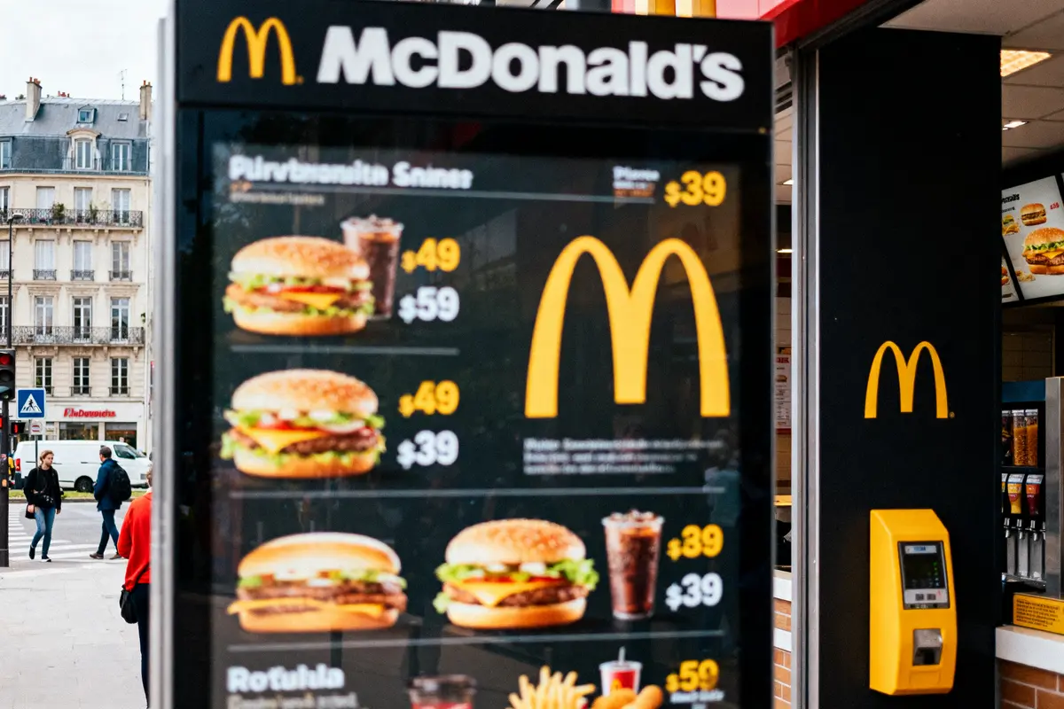 pexels-michal-pech-213601-757318 (1) Panneau de menu McDonald's avec burgers et boissons, devanture parisienne en arrière-plan, passant traversant la rue.