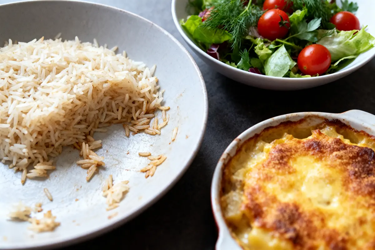 Assiette de riz, plat de gratin doré et salade verte avec tomates cerises.