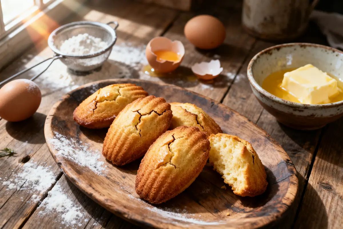 Madeleines dorées sur plateau en bois, entourées d'ingrédients comme œufs, beurre, farine et sucre. Ambiance rustique.