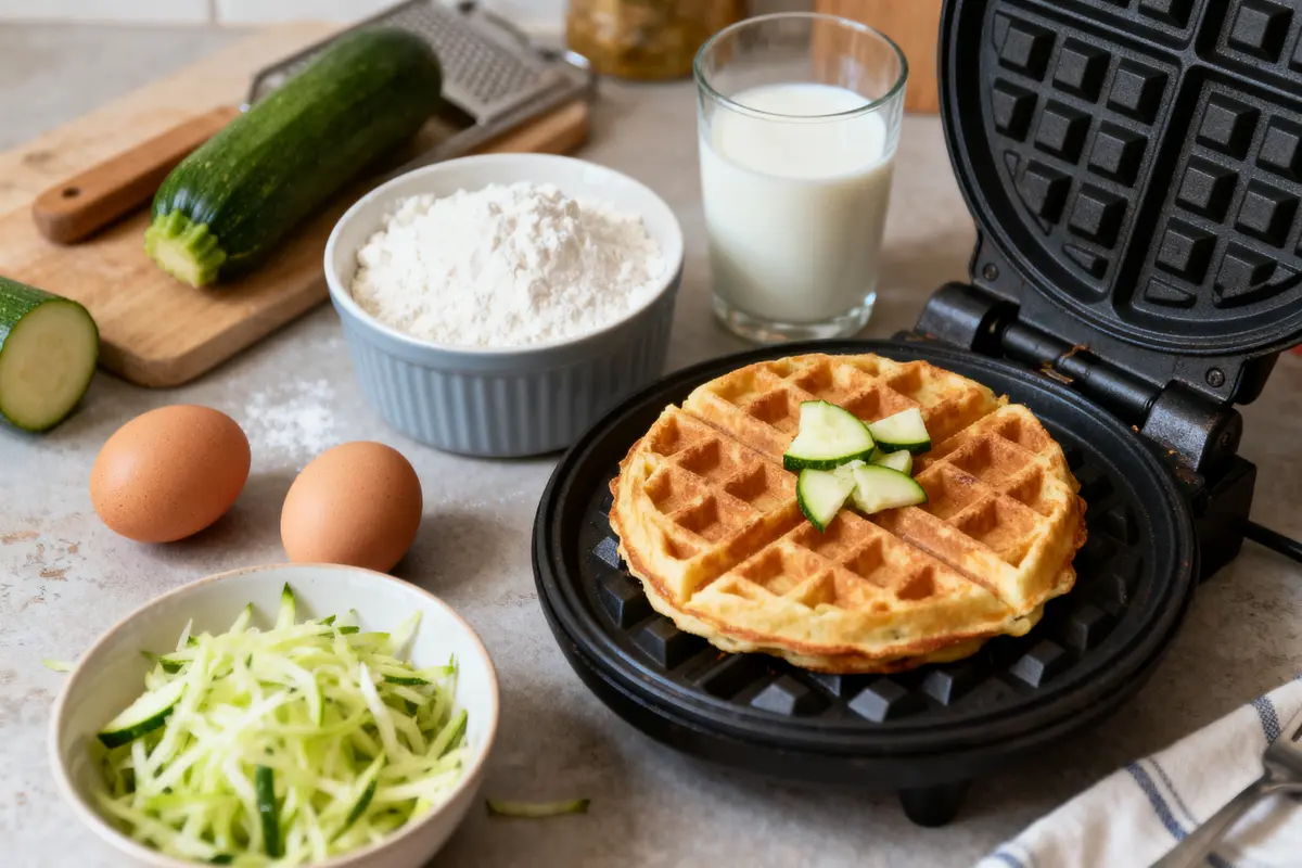 Gaufre courgette dans gaufrier, accompagnée d'œufs, farine, lait, courgettes râpées et entières sur planche.