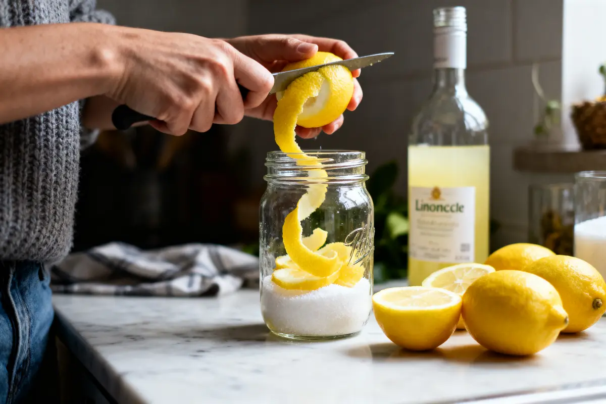 Personne épluchant un citron sur bocaux en verre, citronnade et citrons sur table en marbre.