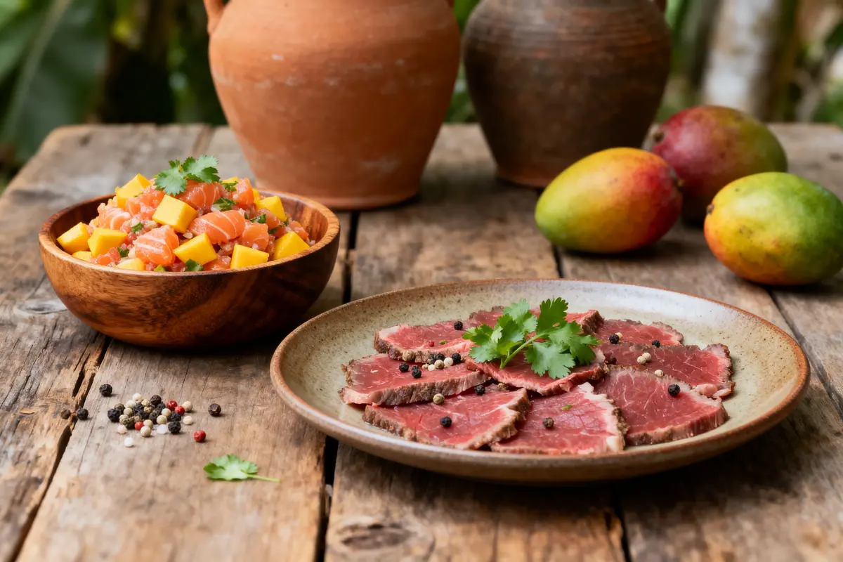 pexels-michal-pech-213601-757318 (1) Assiette de viande avec herbes, bol de salade mangue-saumon, pots en terre cuite, mangues, poivre sur table bois.