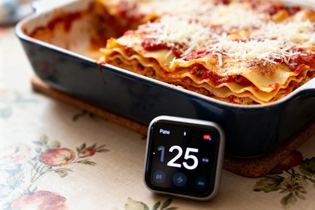 Plat de lasagnes au fromage et sauce tomate avec minuteur affichant 125 sur table fleurie.