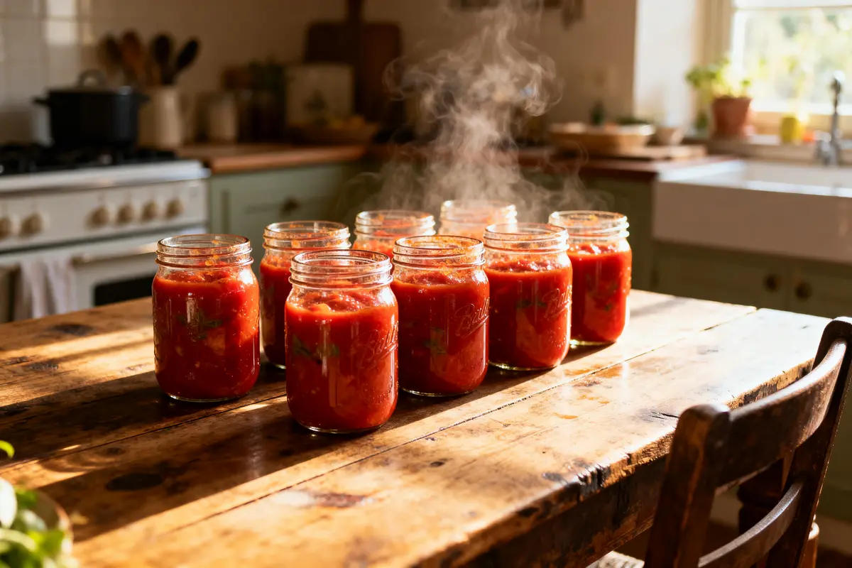 pexels-michal-pech-213601-757318 (1) Bocaux de sauce tomate fumante sur une table en bois, cuisine lumineuse en arrière-plan.