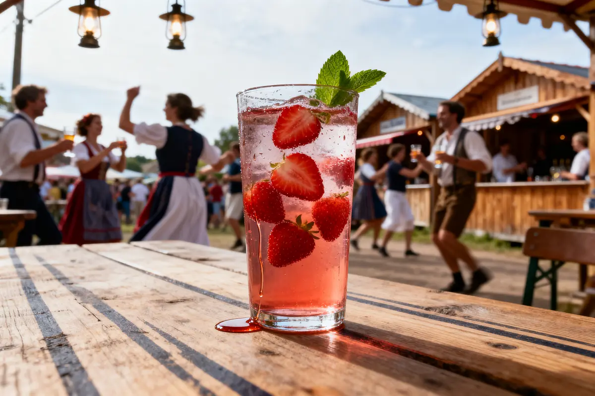 Verre de boisson aux fraises devant danseurs en costumes traditionnels lors d'un festival en plein air.