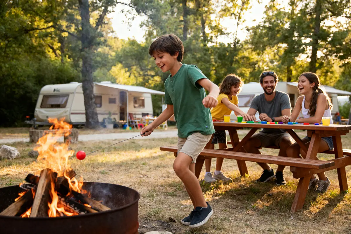 Enfants et adultes autour du feu de camp, caravane en arrière-plan, ambiance joyeuse en pleine nature.