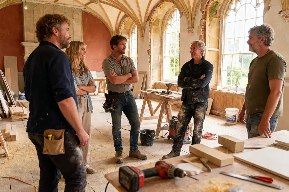 pexels-michal-pech-213601-757318 (1) Cinq personnes discutent dans une pièce en rénovation avec outils et matériel de construction.