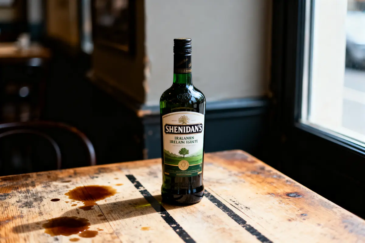 Bouteille de liqueur irlandaise Shenidan's sur une table en bois avec taches.