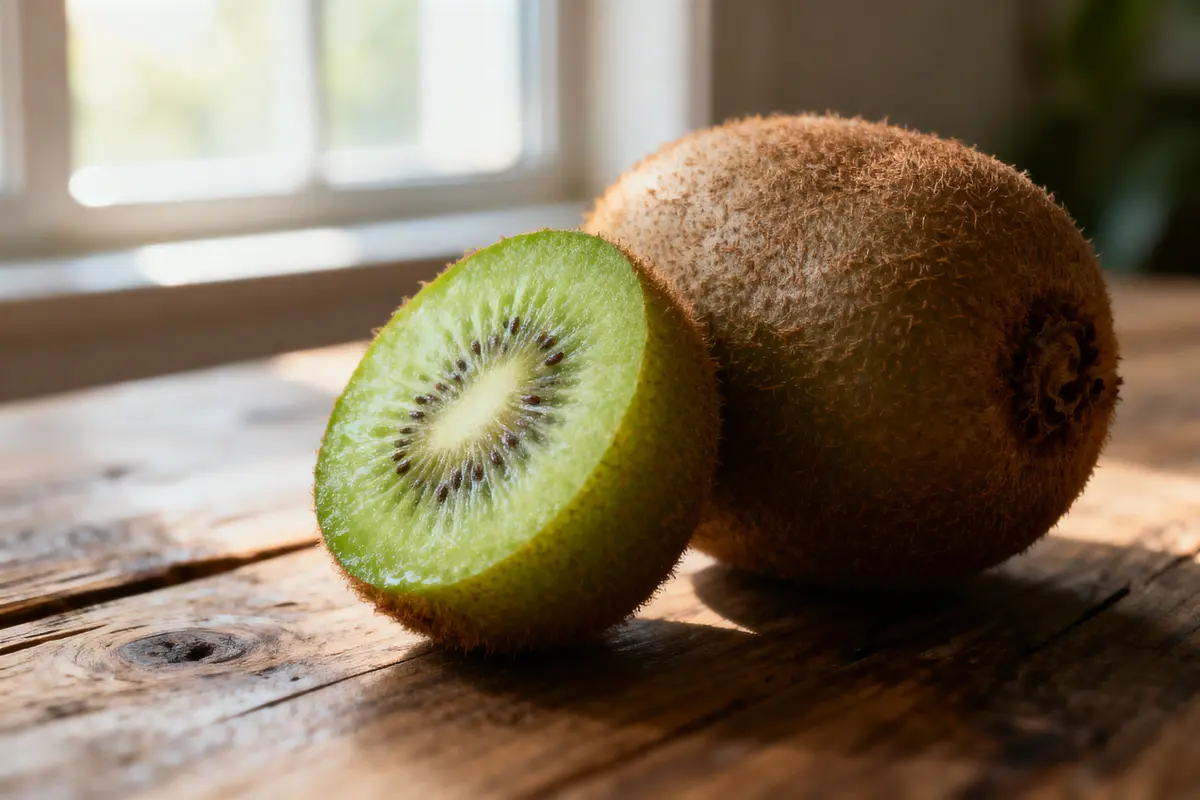 Deux kiwis posés sur une table en bois près d'une fenêtre, dont un coupé en deux.