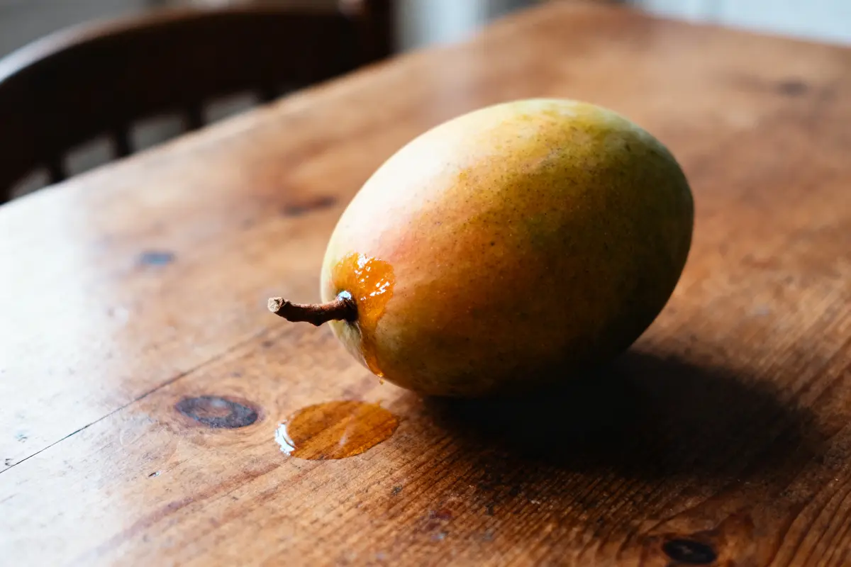 Mango mûr sur table en bois, avec jus s'écoulant à partir de la base.