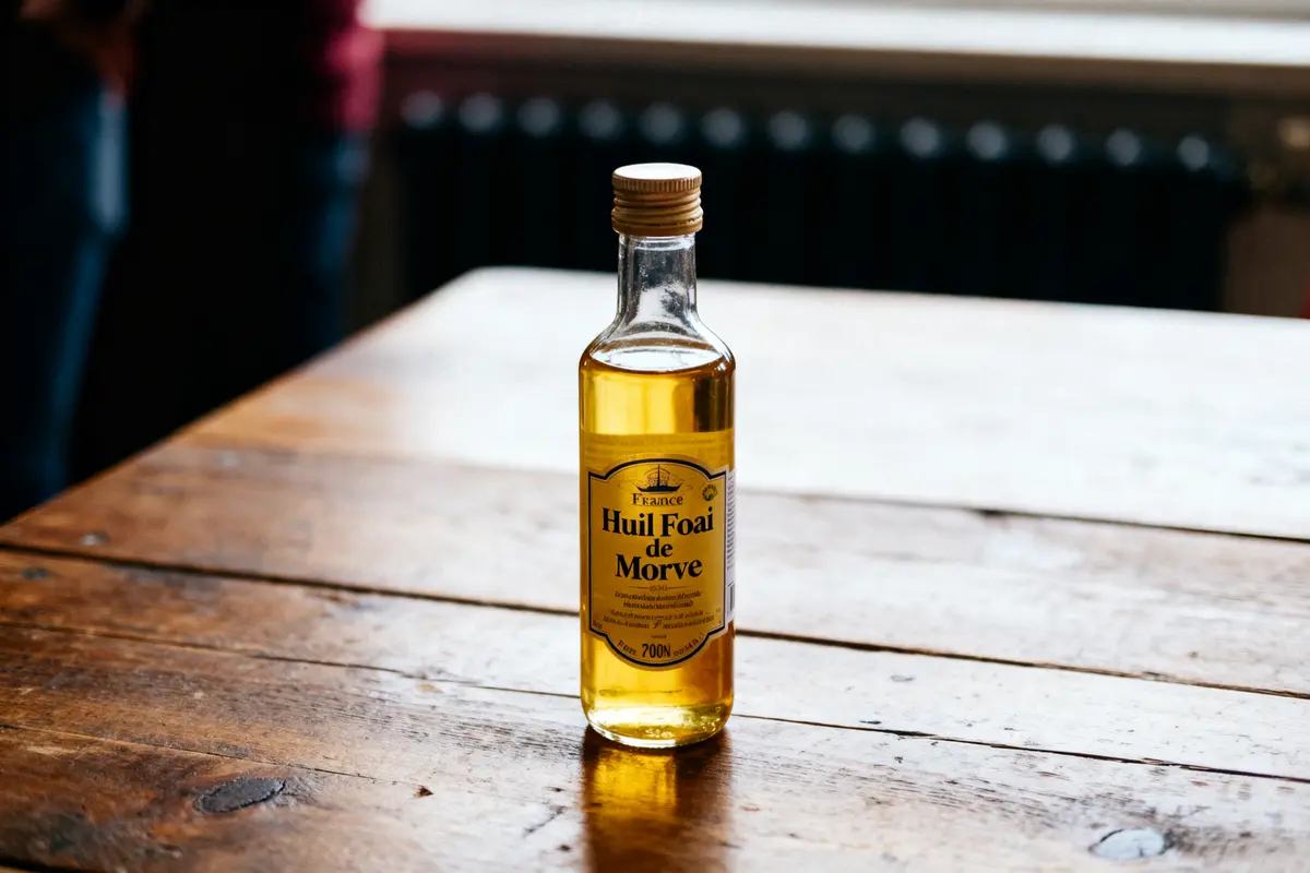Bouteille d'huile humoristique sur table en bois, étiquette insolite.