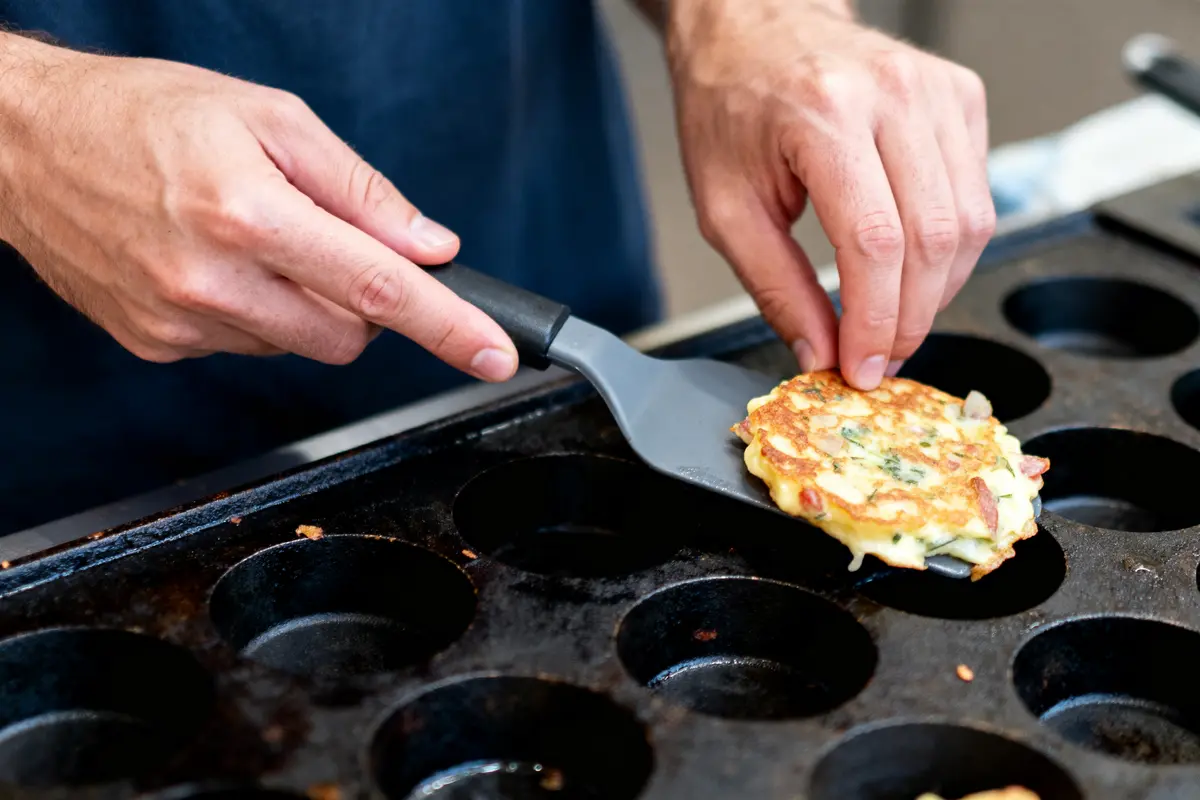 Main tenant une spatule, cuisine une galette dans un moule en métal avec plusieurs empreintes circulaires.