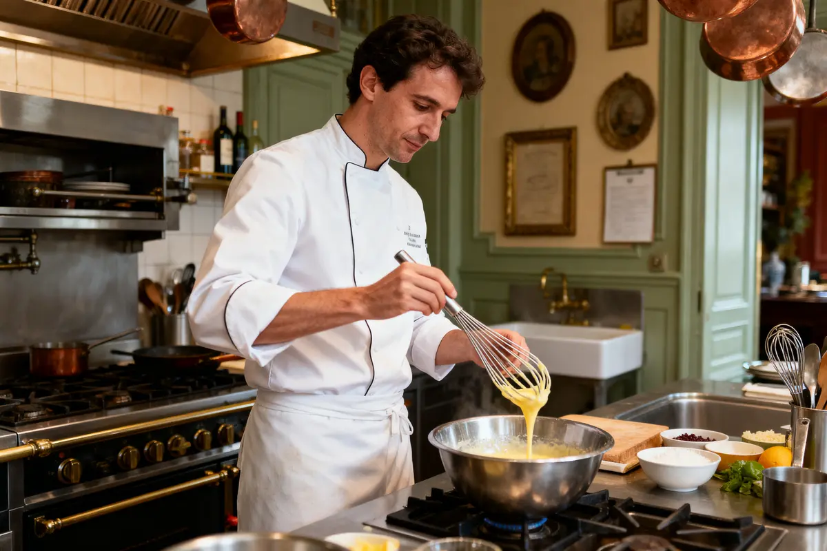 pexels-michal-pech-213601-757318 (1) Chef cuisinier en veste blanche fouettant mélange dans une cuisine professionnelle.