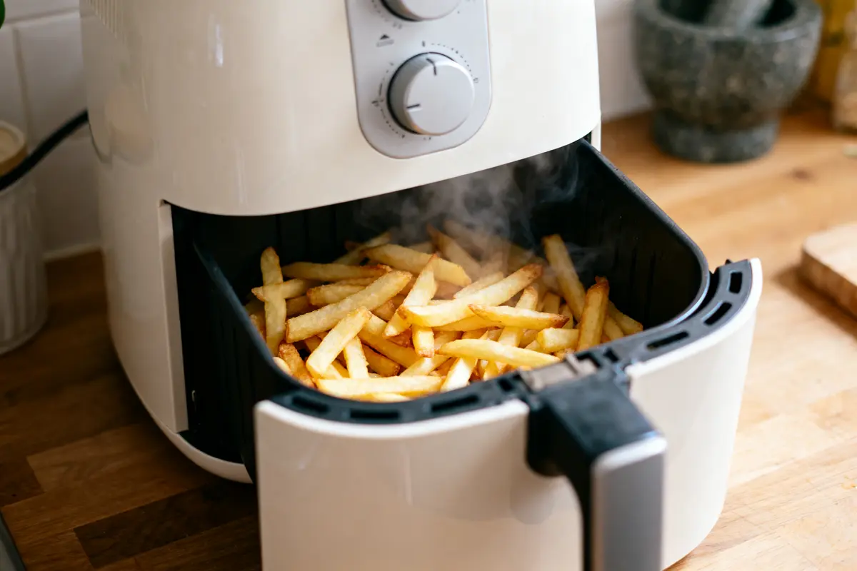 Frites dorées et fumantes dans une friteuse à air sur un plan de travail en bois.