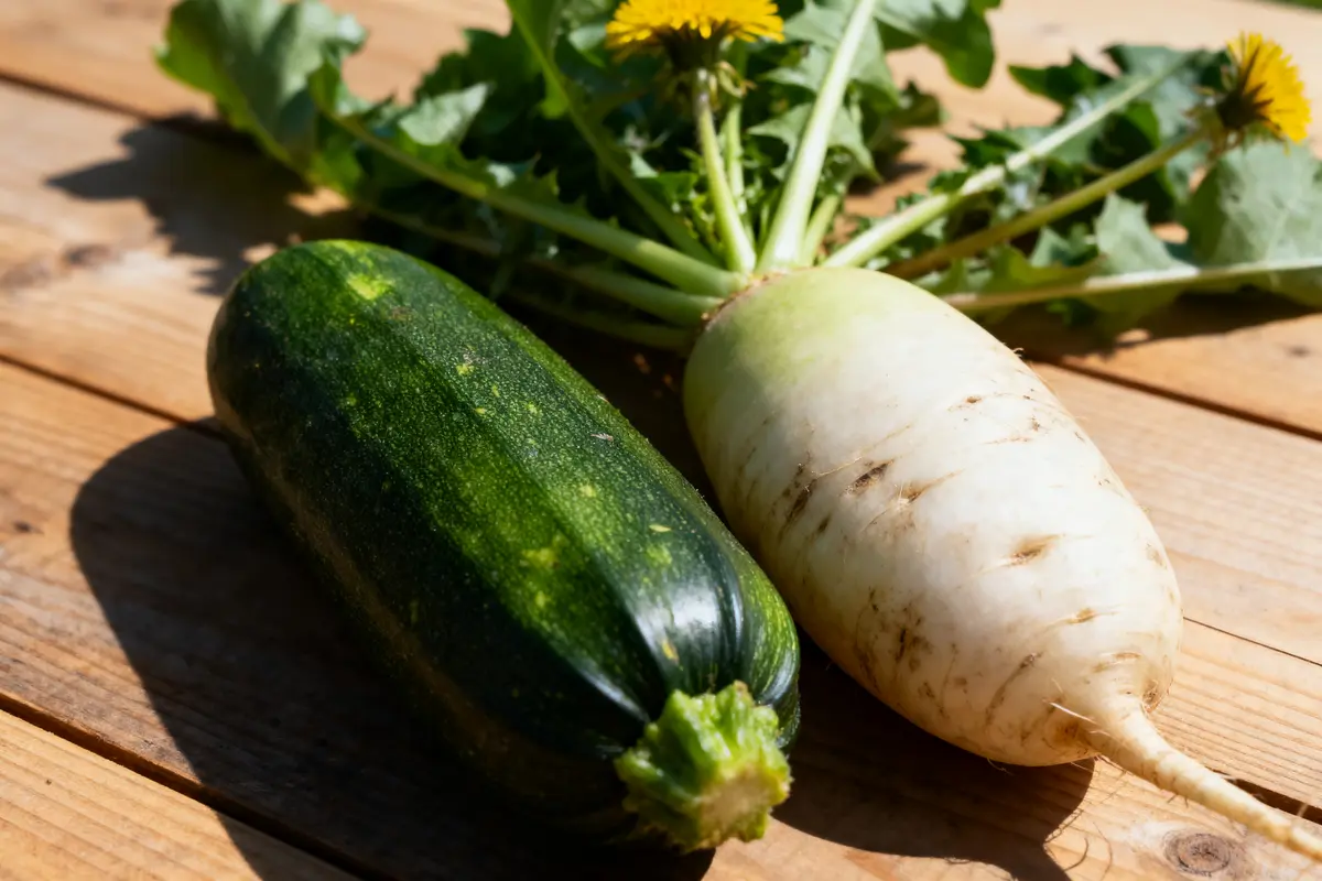 Courgette et radis blanc avec feuillage, posés sur une table en bois.