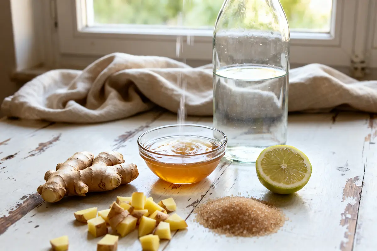 Gingembre frais, citron, miel, sucre brun et bouteille d'eau sur table en bois devant fenêtre.
