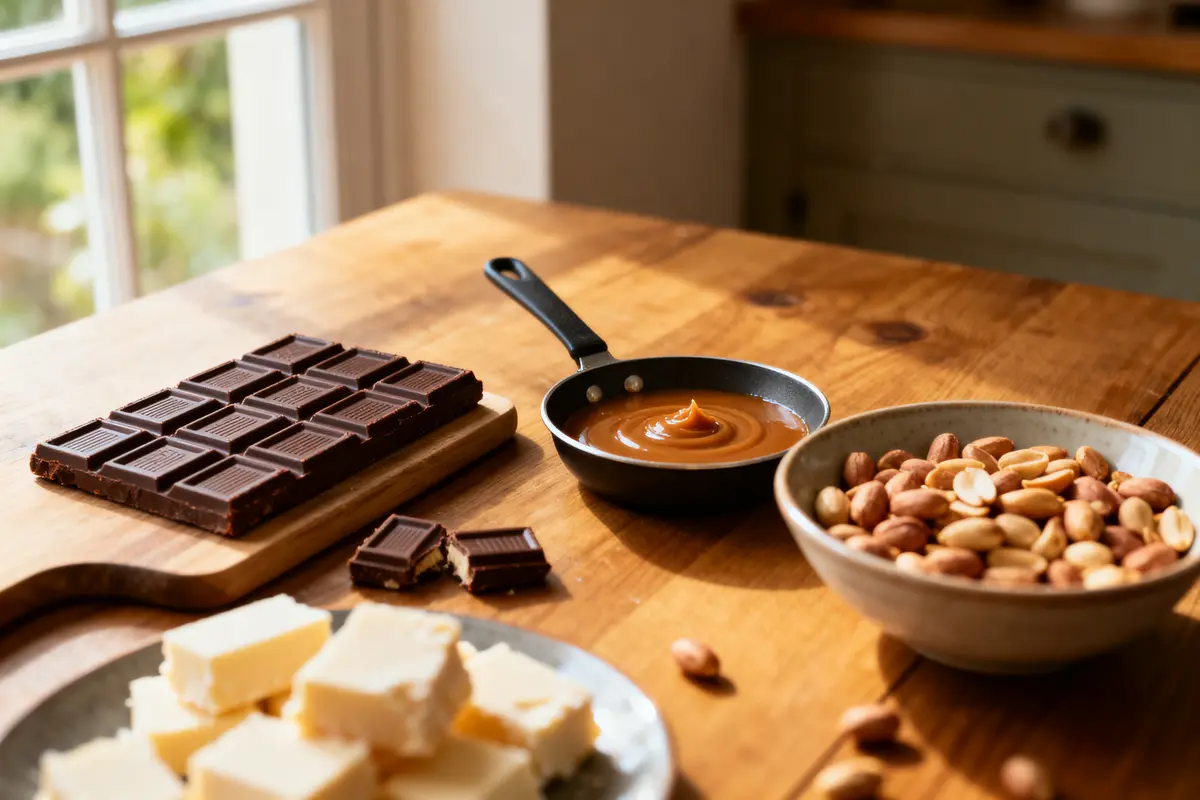 pexels-michal-pech-213601-757318 (1) Table en bois avec chocolat, caramel, beurre et cacahuètes dans des bols et poêle. Lumineux et appétissant.