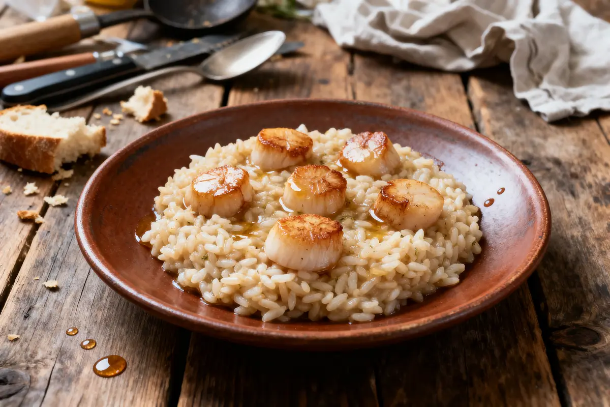 Risotto crémeux avec pétoncles grillés dans une assiette brune sur table en bois rustique, pain en arrière-plan.