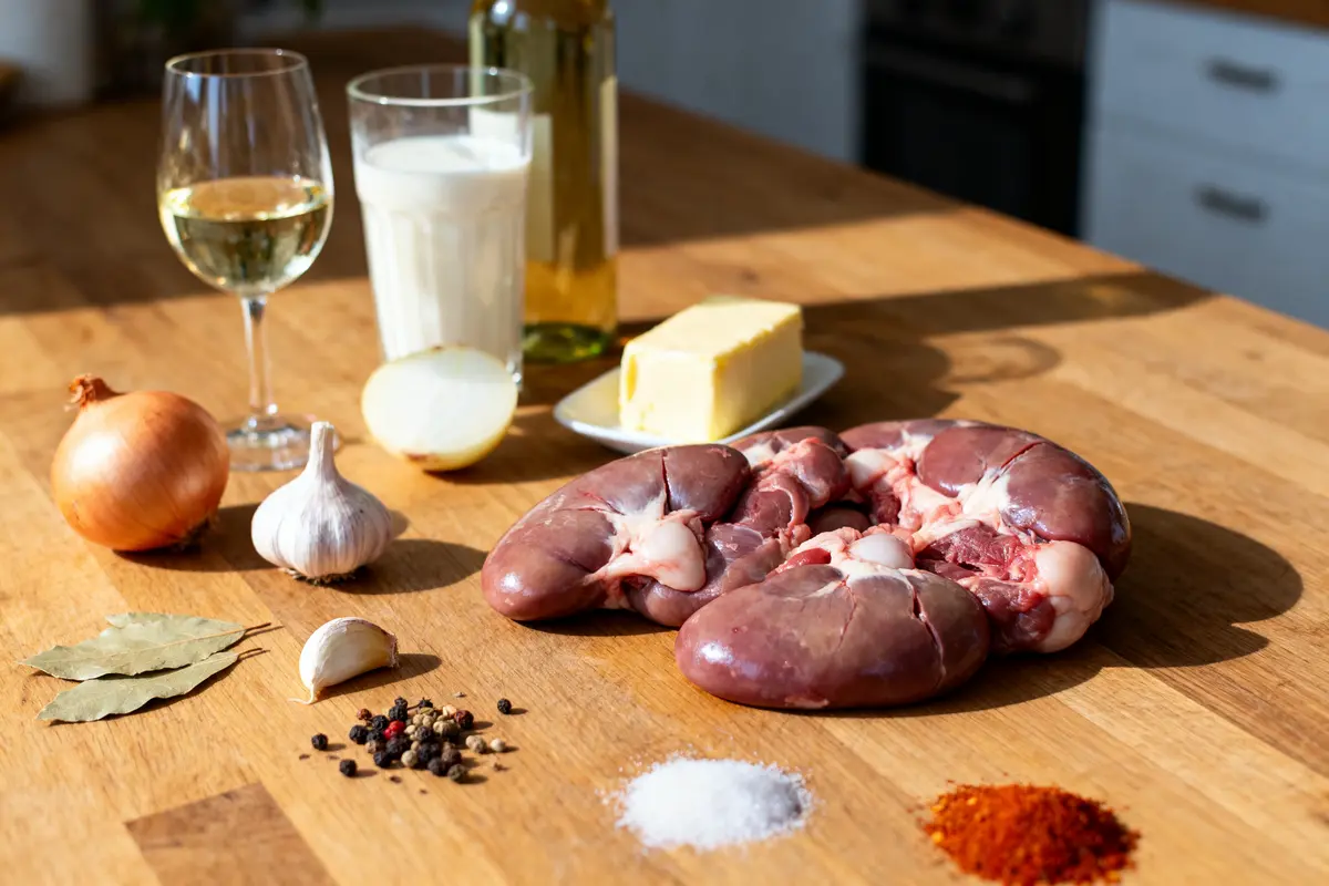 Ingrédients cuisine : vin blanc, lait, beurre, rognons, oignon, ail, épices, sel, piment, laurier, poivre sur table bois.