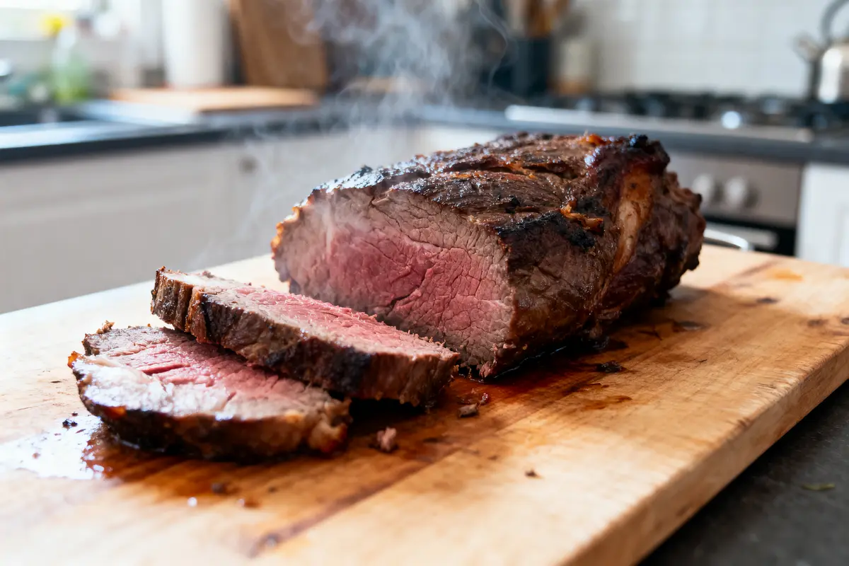 pexels-michal-pech-213601-757318 (1) Rôti de bœuf juteux et fumant sur planche en bois, deux tranches découpées, cuisine en arrière-plan.