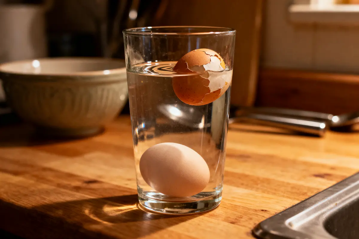 Verre d'eau avec un œuf entier et une coquille flottante en cuisine.