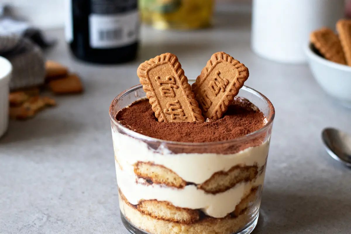 Verre de tiramisu avec cacao en poudre, deux biscuits spéculoos sur le dessus.