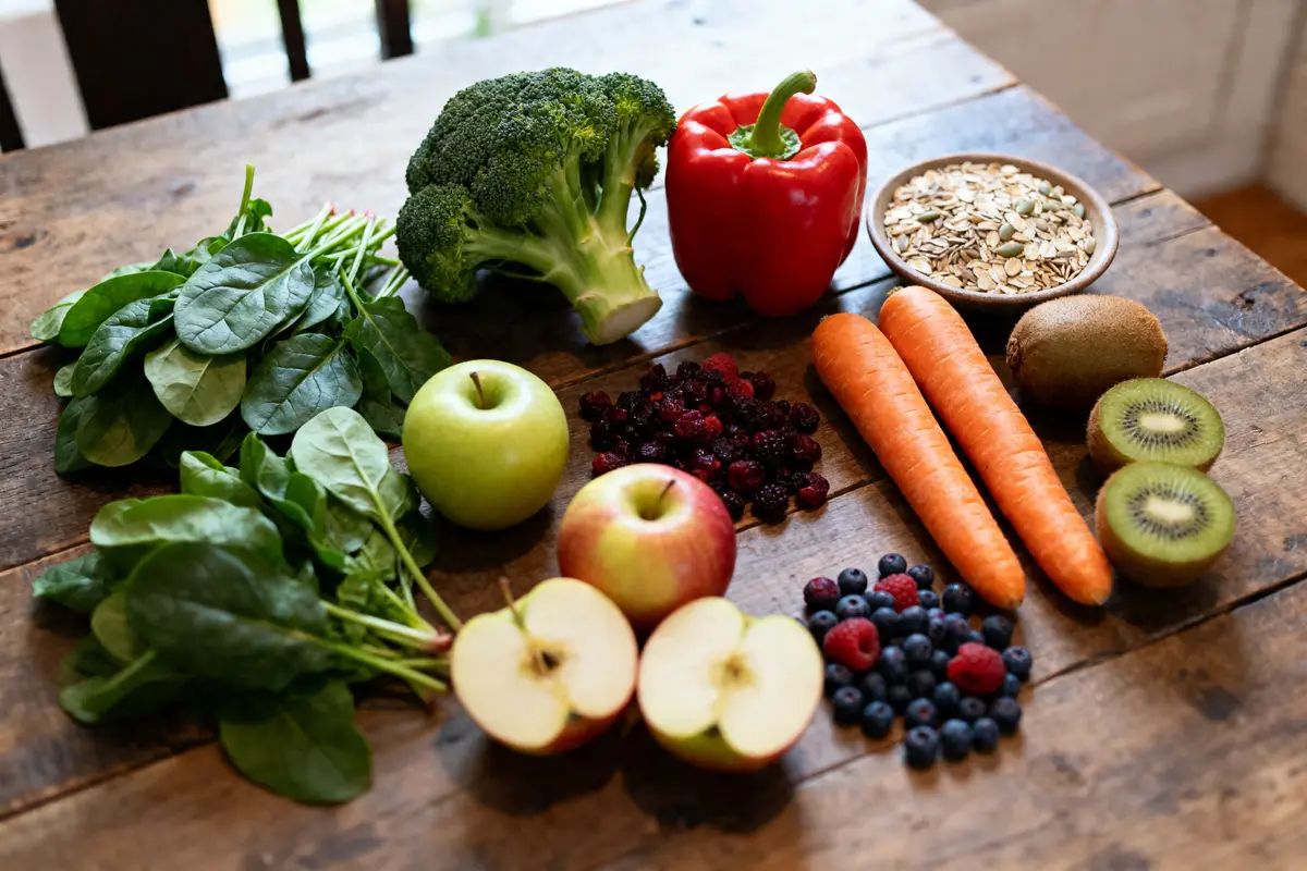 Légumes et fruits variés sur table, 12 aliments qui nettoient les reins naturellement.