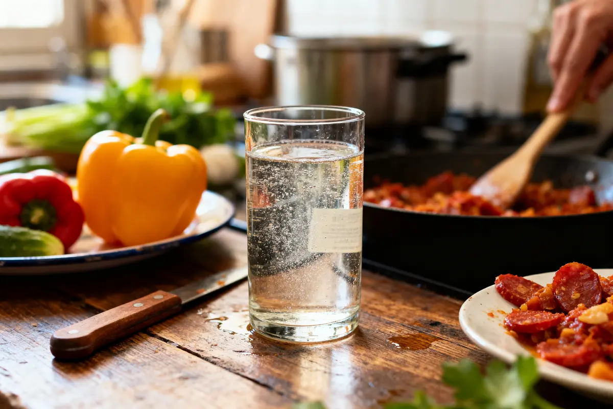 Un verre d'eau gazeuse sur table, légumes, couteau et poêle. Cuisine en préparation.