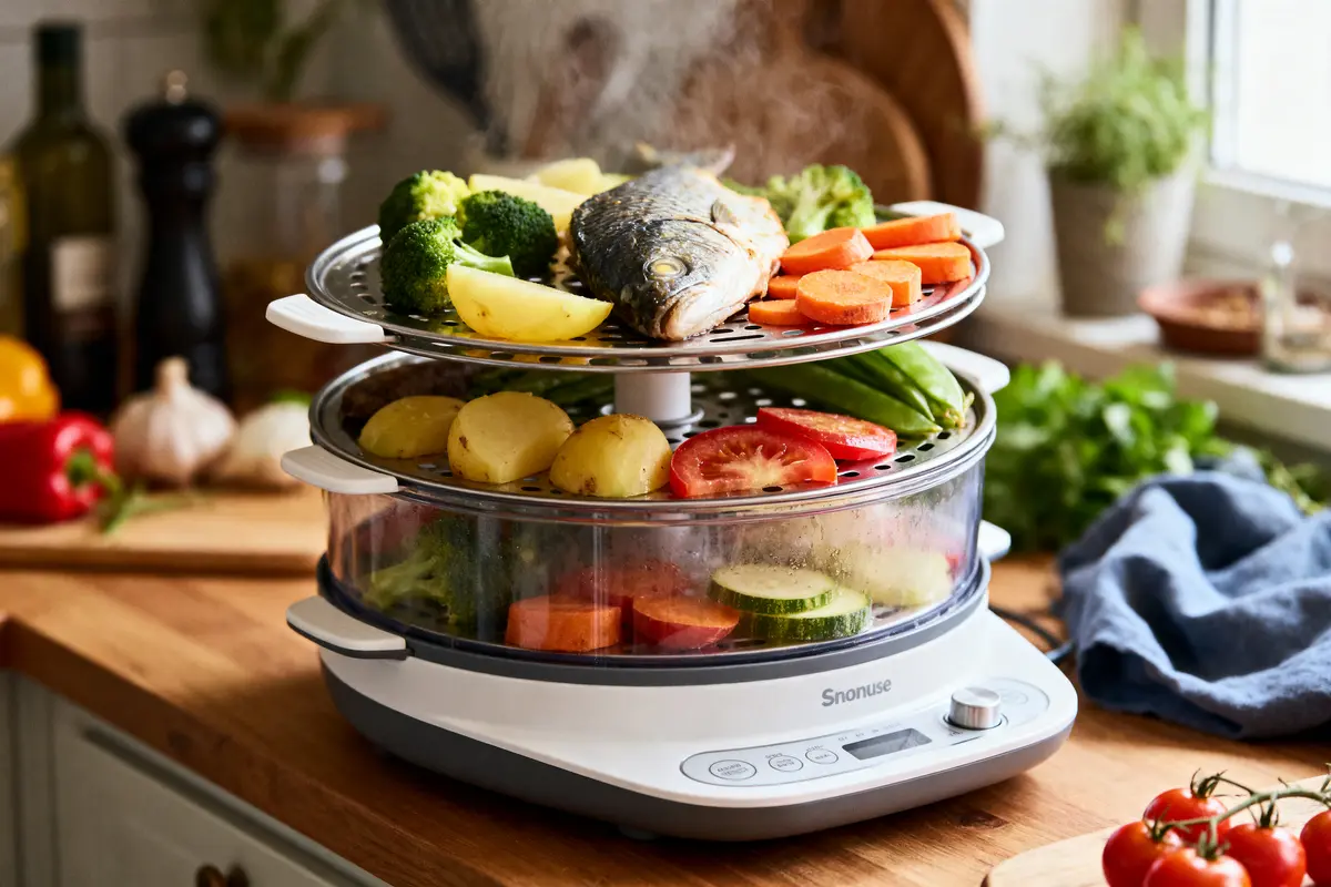pexels-michal-pech-213601-757318 (1) Cuiseur vapeur avec poisson, légumes variés et pommes de terre, sur plan de travail avec herbes et condiments.