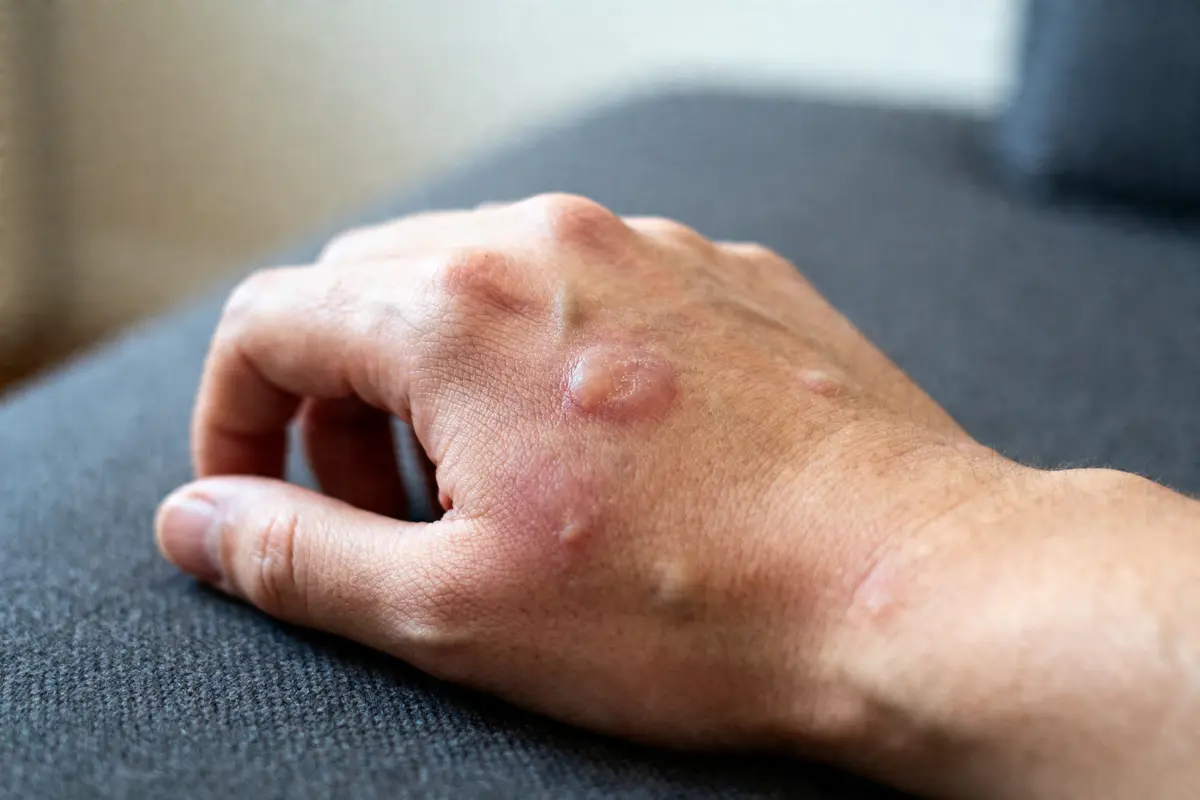 Main avec boutons rouges due à l'algo dystrophie de la main sur fond gris