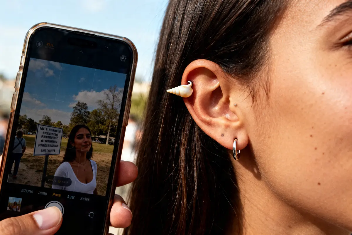 Femme avec téléphone, mettant en valeur les bienfaits d'un piercing conch à coquillage.