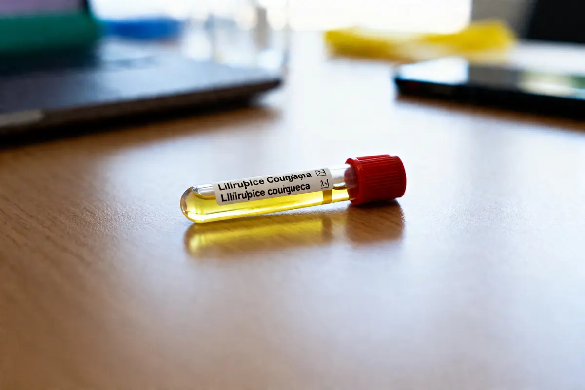 Tube à essai jaune sur une table, étiquette bilirubine conjuguée, avec capuchon rouge