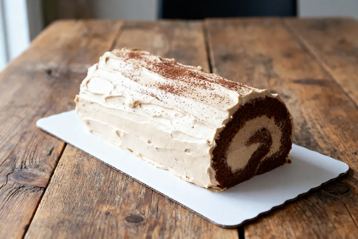 Bûche de Noël décorée de crème au beurre et cacao, posée sur une table en bois.