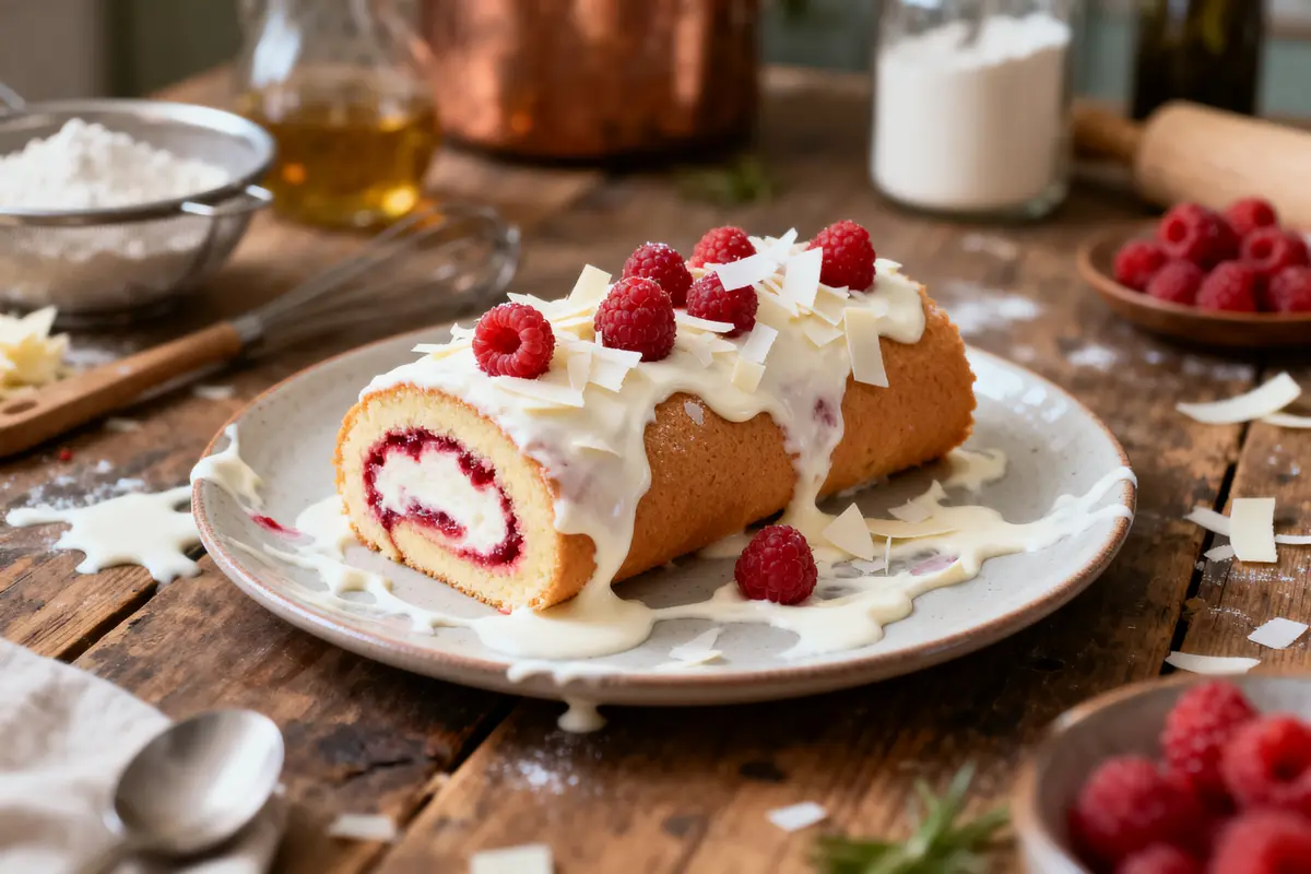 Roulé à la framboise avec glaçage crémeux, copeaux chocolat blanc, décoré de framboises fraîches sur assiette rustique.