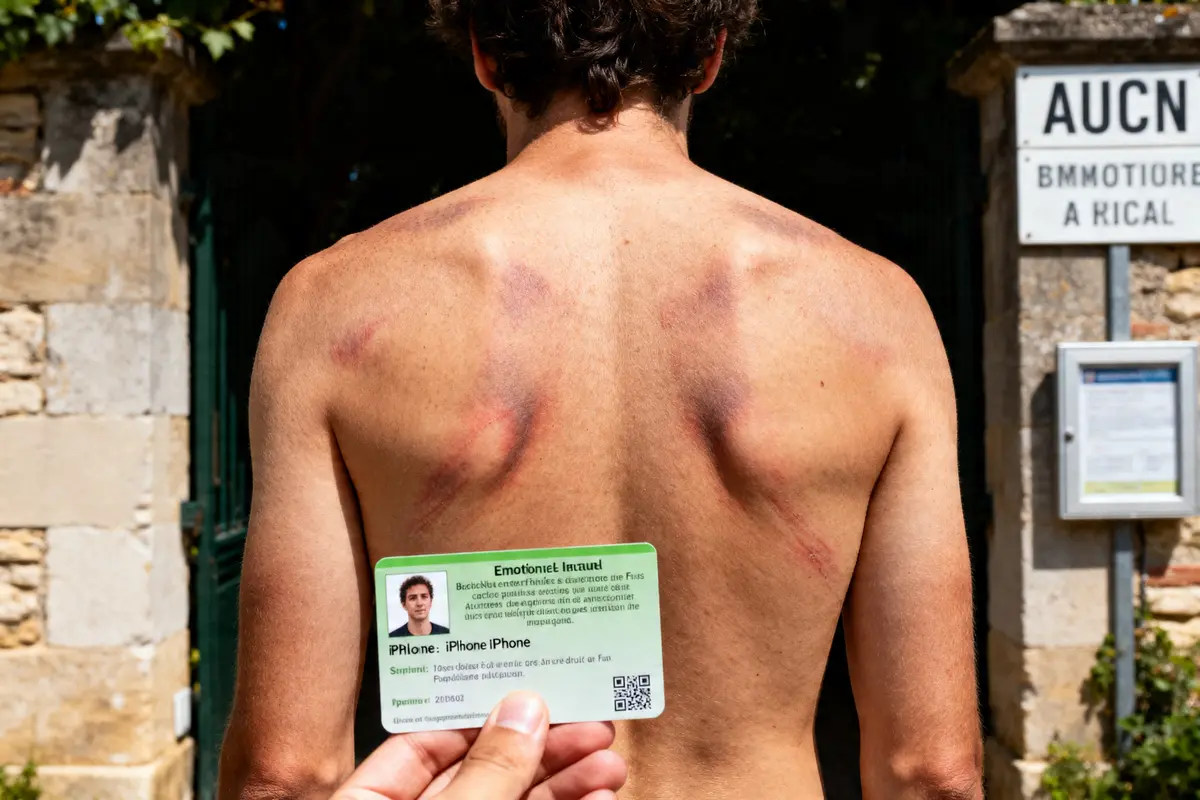 Dos marqué de contusions illustrant une carte émotionnelle du dos avec carte d'identité visible