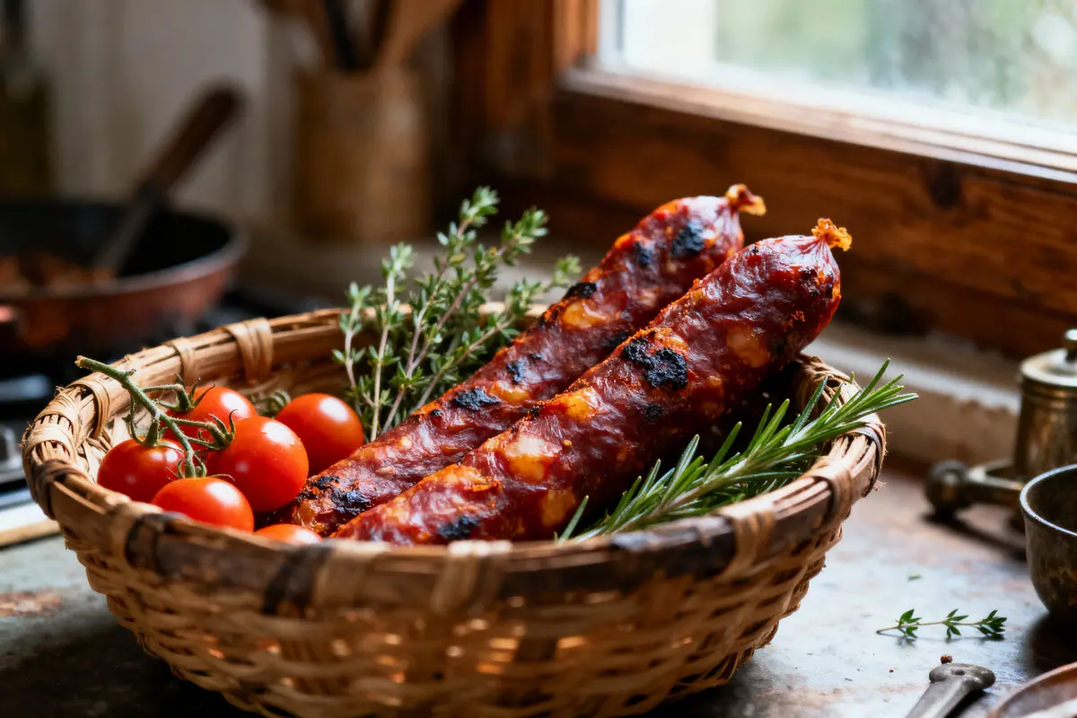 Panier en osier avec saucisses grillées, tomates cerises et herbes aromatiques près d'une fenêtre.