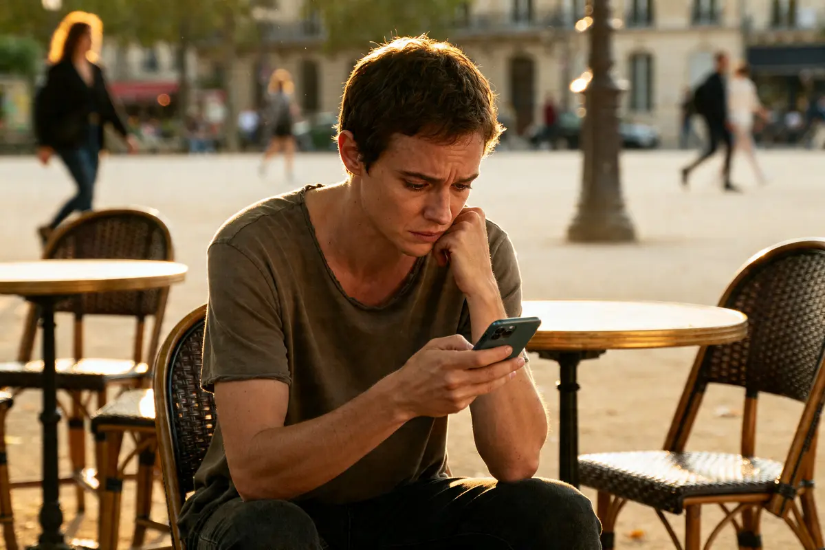 Un homme préoccupé consulte son téléphone concernant combien de temps peut on rester sans Levothyrox