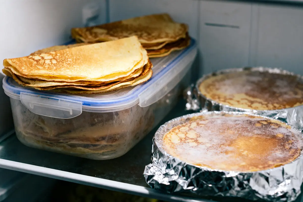 pexels-michal-pech-213601-757318 (1) Crêpes empilées dans une boîte en plastique, plats recouverts de papier d'aluminium dans un réfrigérateur.