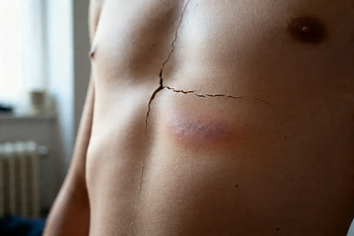 Corps avec fissure peinte et ecchymose, évoquant côte fêlée : combien de temps dure la douleur