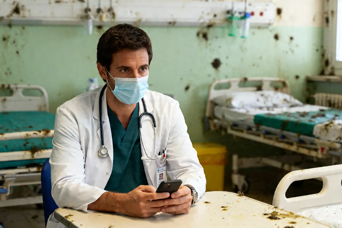 Médecin en blouse et masque utilisant un téléphone dans une chambre sale crp