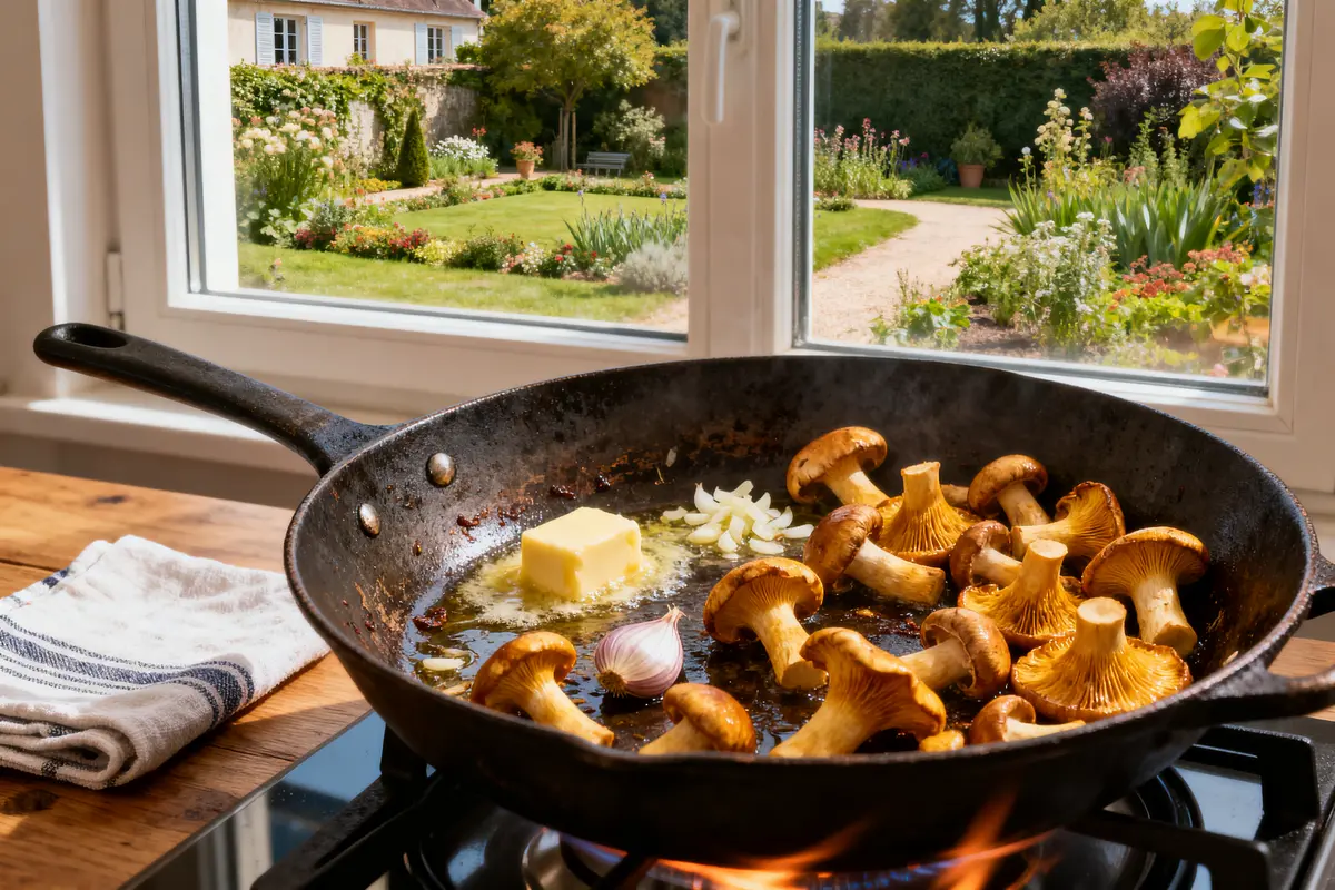 pexels-michal-pech-213601-757318 (1) Champignons, beurre, ail et oignons cuisent dans une poêle noire sur une cuisinière, vue jardin extérieur ensoleillé.