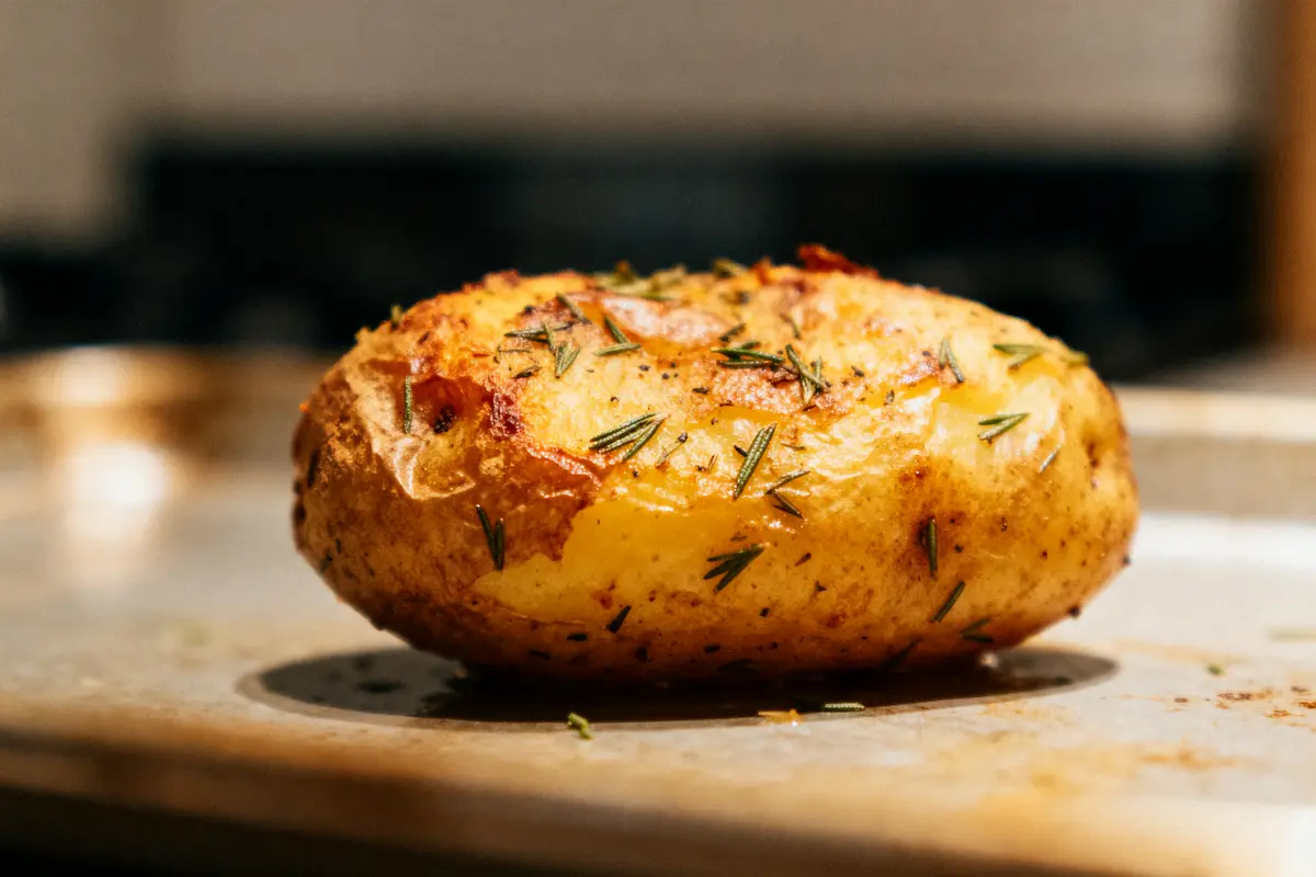Pomme de terre rôtie, garnie de romarin, posée sur une plaque de cuisson en métal.