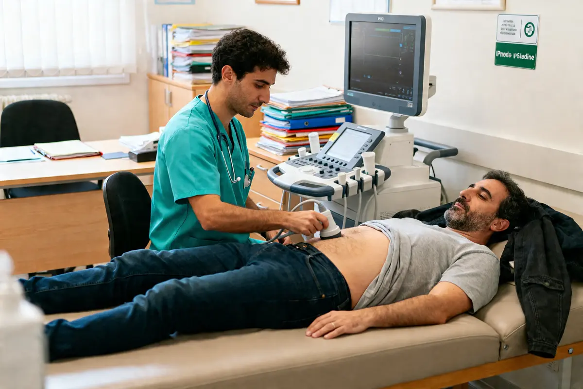 Un médecin effectue une échographie abdominale pour détecter une fibrose hépatique chez un patient