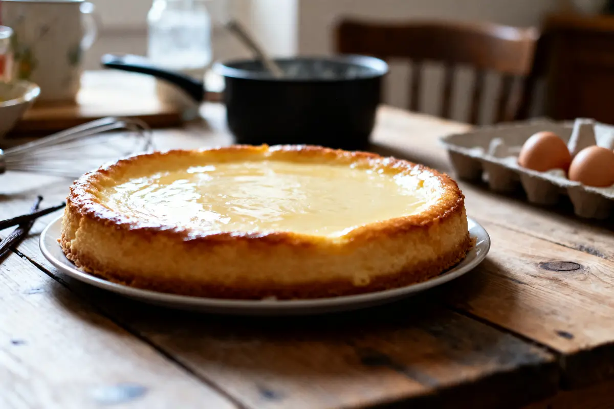 Tarte au citron sur table en bois avec œufs et ustensiles de cuisine en arrière-plan.