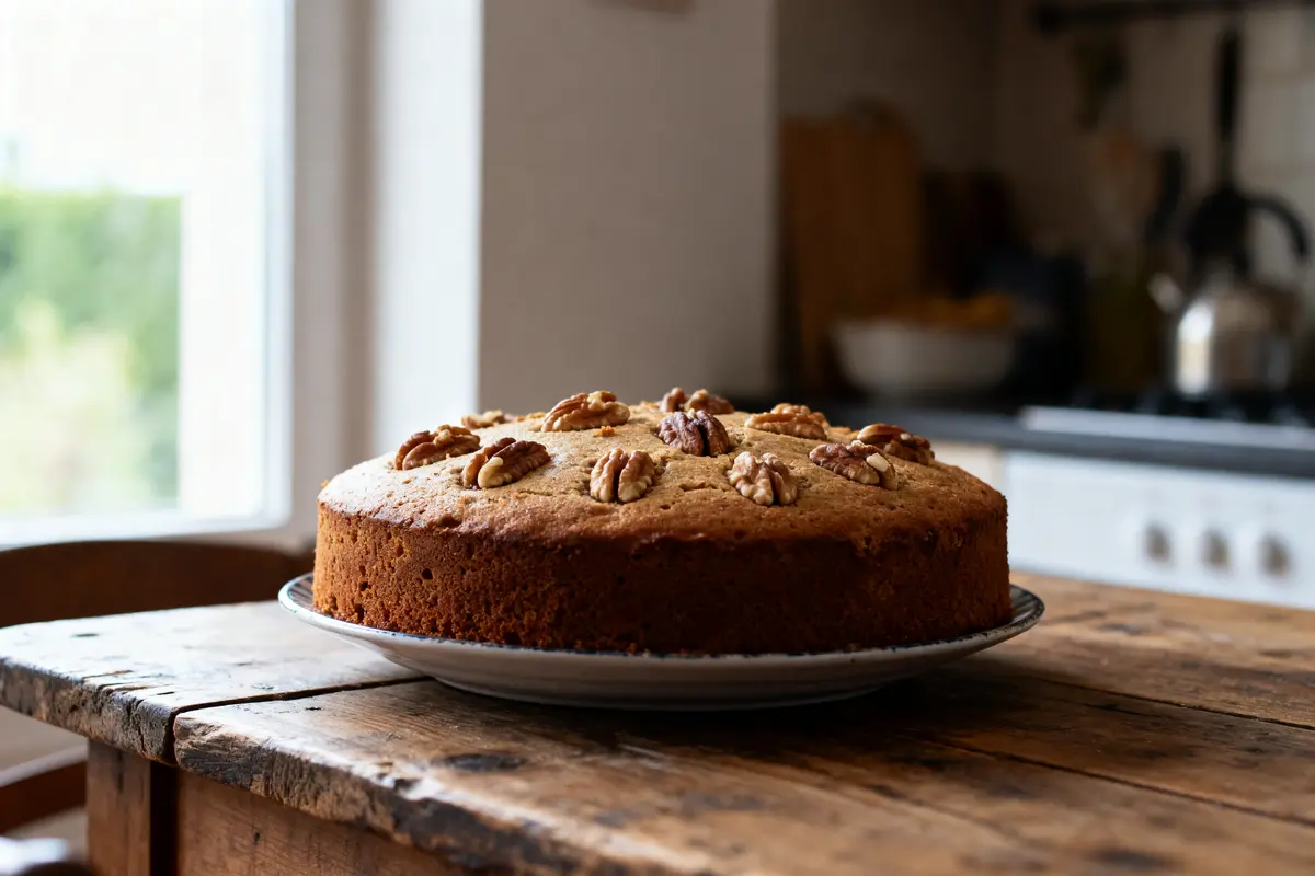 Gâteau aux noix sur assiette, posé sur une table en bois dans une cuisine lumineuse.