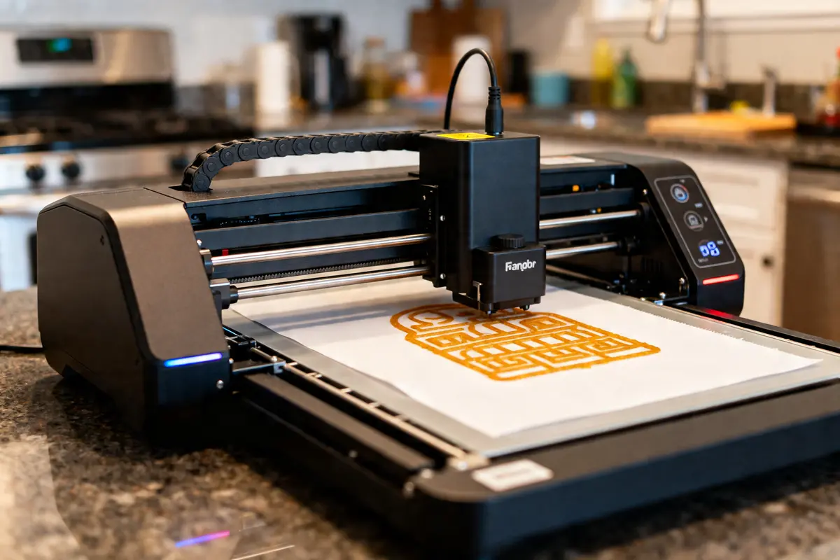 Imprimante alimentaire moderne imprimant un motif complexe sur une feuille en cuisine moderne