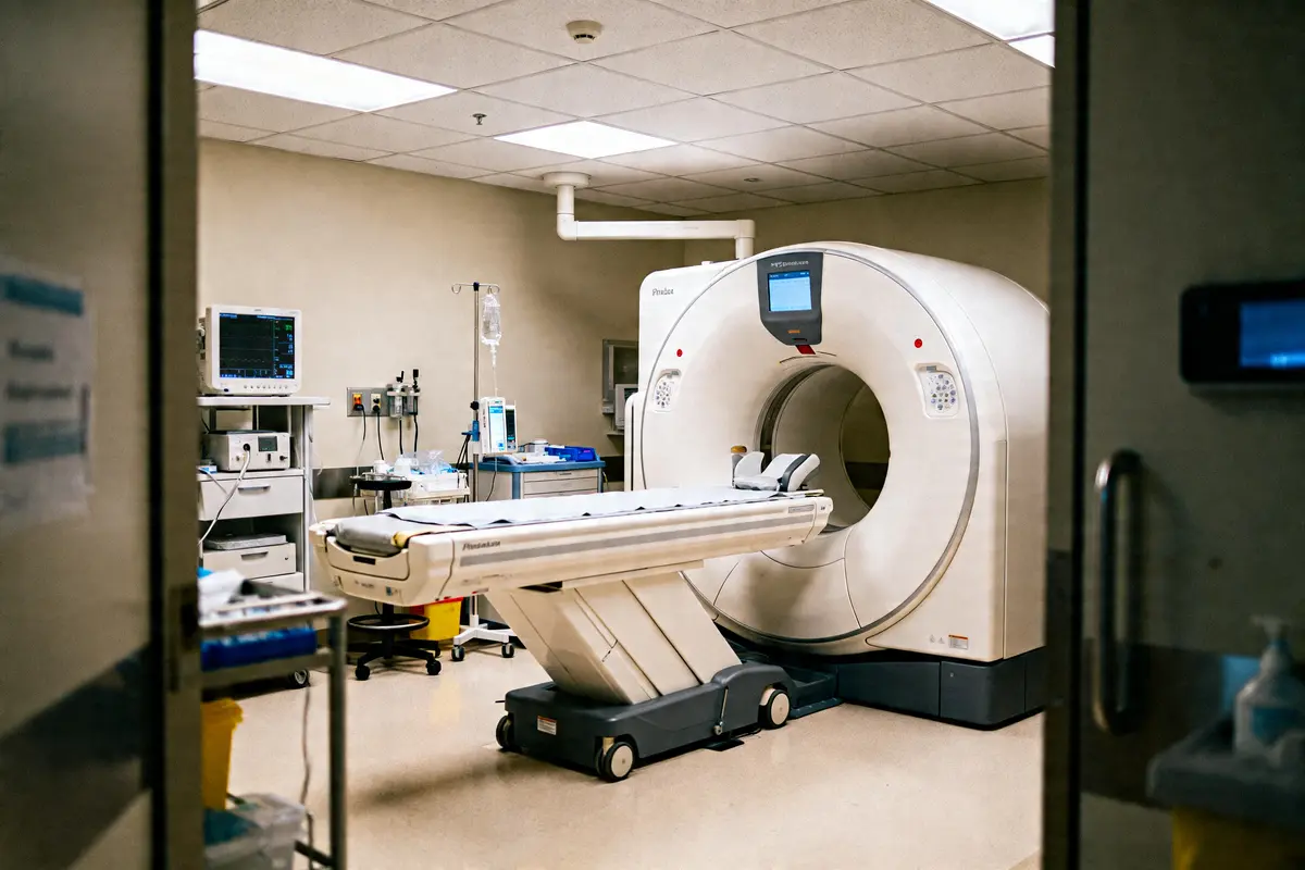 Salle d'examen avec machine IRM à champ ouvert et équipement médical avancé.