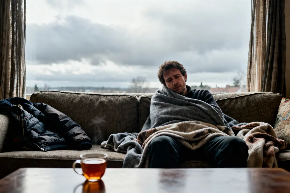Personne fatiguée sous couverture sur canapé, thé sur table, j'ai froid et je suis fatiguée.