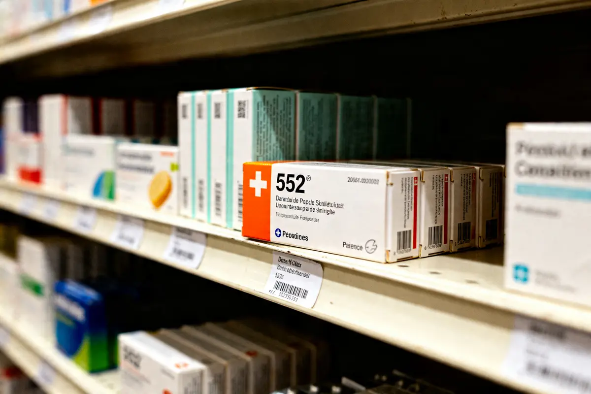Boîtes de médicaments avec l52 retiré du marché en pharmacie sur étagère